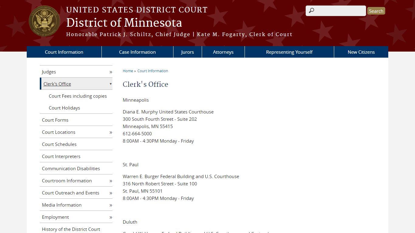 Clerk's Office | District of Minnesota | United States District Court